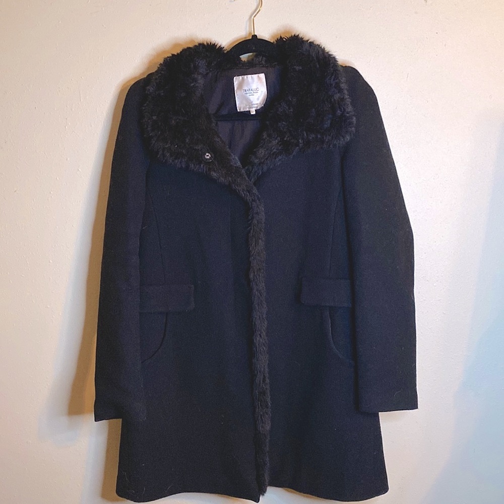 Zara Trafallic Faux Fur Trimmed Black Coat Sz L